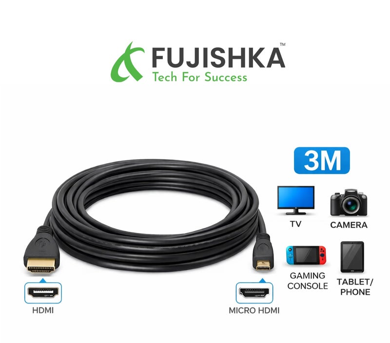 فوجيشكا كابل من  مايكرو اتش دي ام أي الى اتش دي ام أي, 4 كي, بطول 3 متر – يدعم دقة 4K – طرفين ذكر إلى ذكر – لنقل الفيديو والصوت عالي السرعة - Image 1