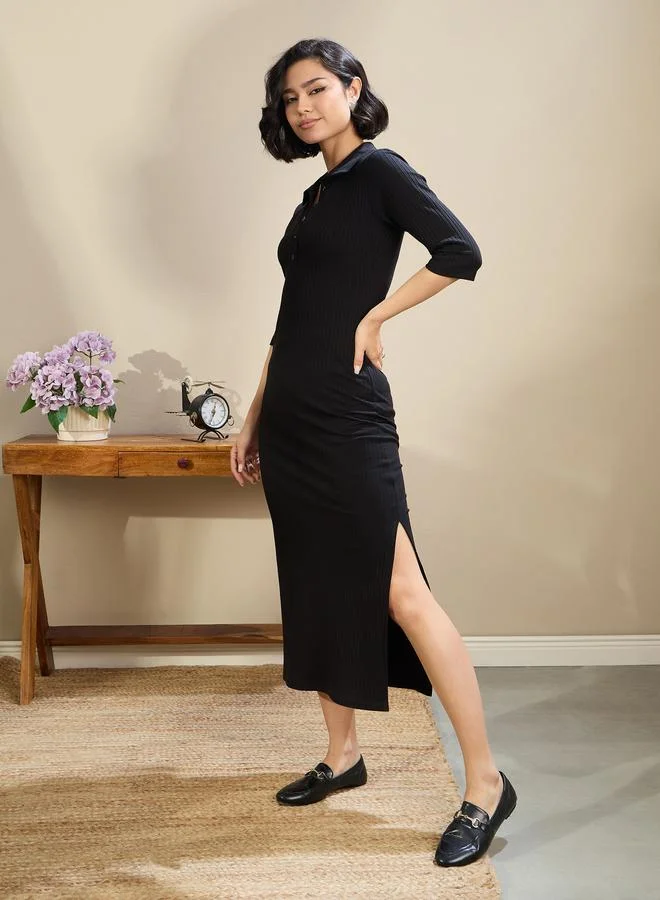 SASSAFRAS Sassafras Black Ribbed Polo Neck Midi Dress
