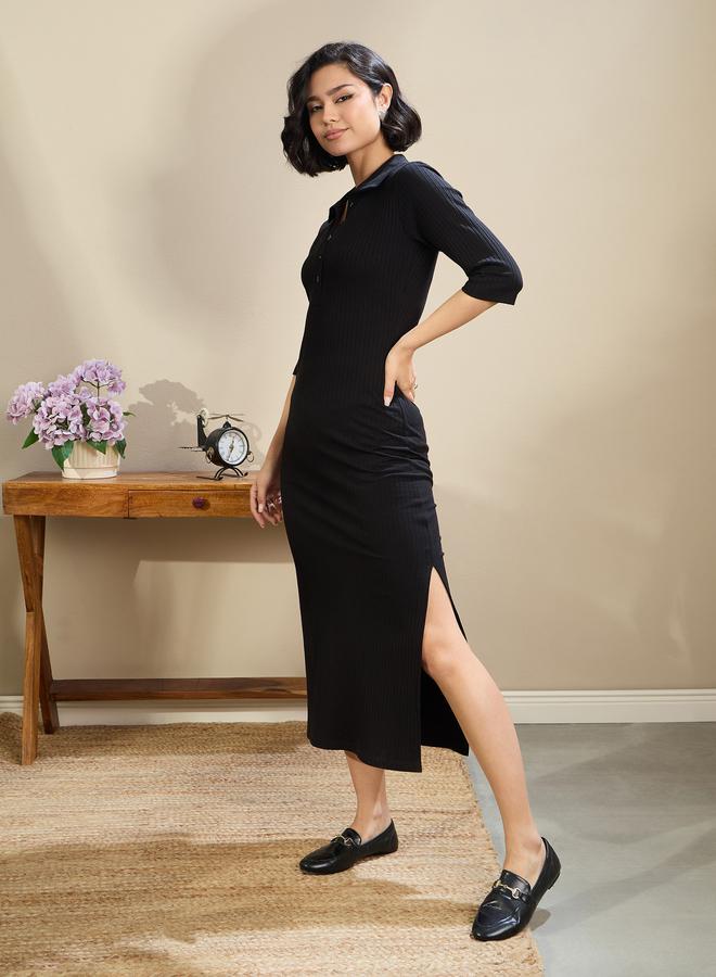 Sassafras Black Ribbed Polo Neck Midi Dress - Image 3