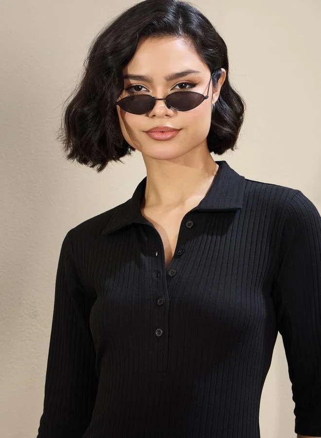 SASSAFRAS Sassafras Black Ribbed Polo Neck Midi Dress