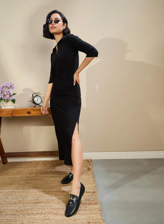 SASSAFRAS Sassafras Black Ribbed Polo Neck Midi Dress