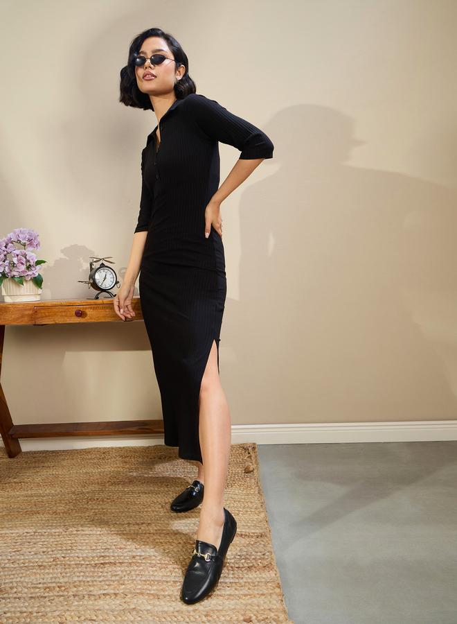 Sassafras Black Ribbed Polo Neck Midi Dress - Image 2