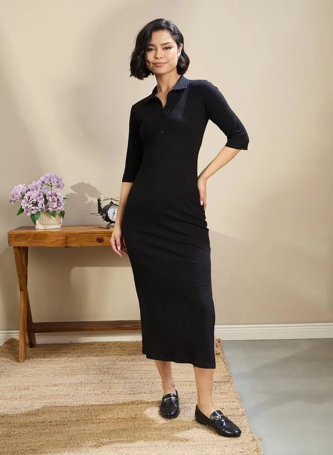 SASSAFRAS Sassafras Black Ribbed Polo Neck Midi Dress