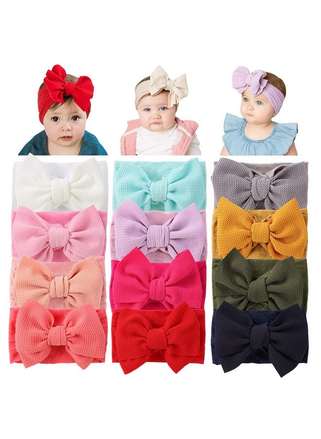 Cinaci 12 Pack Oversized Colorful Solid Stretchy Nylon Headbands with Big Bow Large Knot Hair Bows Soft Elastic Hair Bands Hair Accessories Wide Headwraps for Newborn Baby Girls Infants Toddlers Kids - Image 1