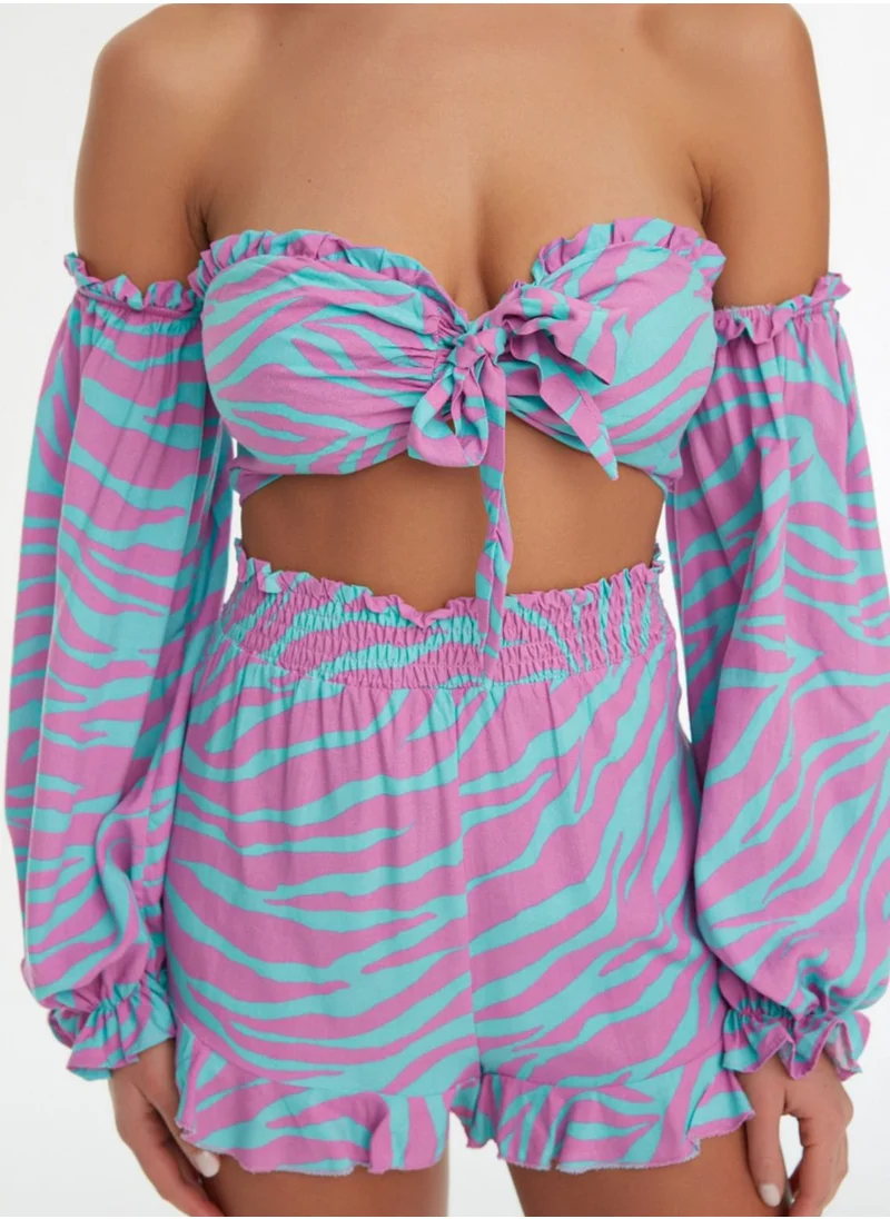 trendyol Printed Bardot Top & Shorts Set