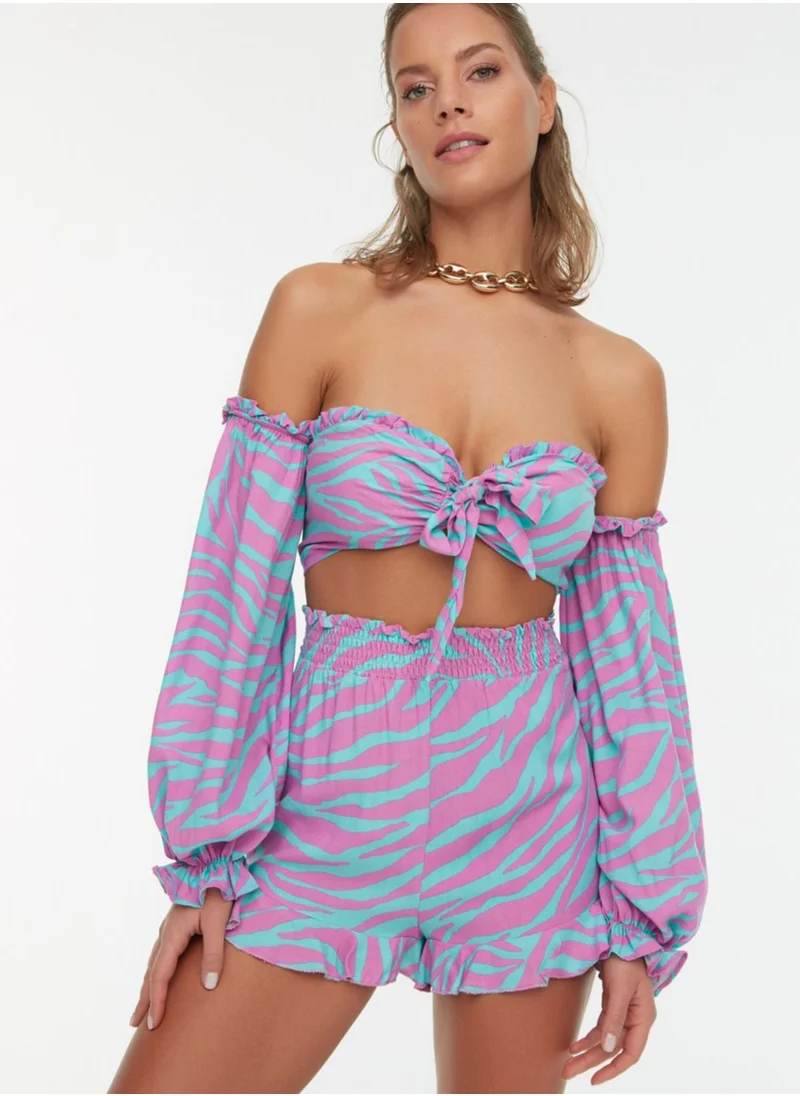 trendyol Printed Bardot Top & Shorts Set