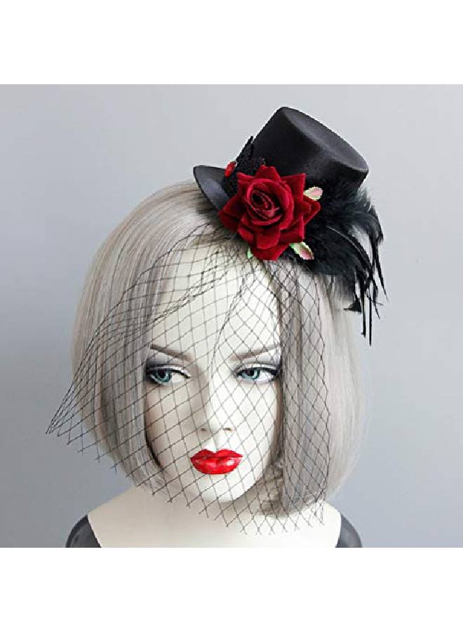 Leorx Small Top Hat Black Veil Hair Clip Feather Flower Decor Top Hat Hair Accessories For Masquerade Halloween - Image 3