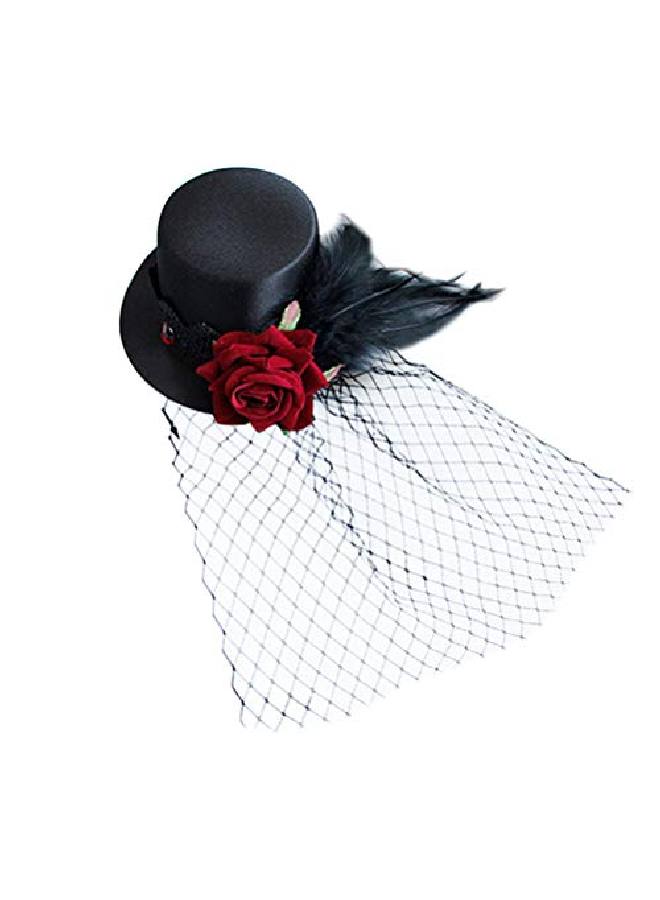 Leorx Small Top Hat Black Veil Hair Clip Feather Flower Decor Top Hat Hair Accessories For Masquerade Halloween - Image 2