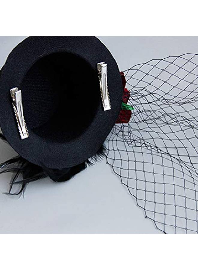 Leorx Small Top Hat Black Veil Hair Clip Feather Flower Decor Top Hat Hair Accessories For Masquerade Halloween - Image 5