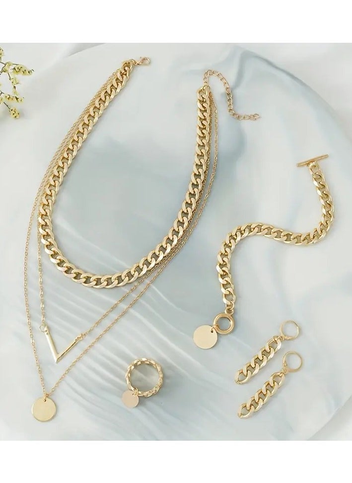 Goolsky 5pcs Earrings Necklace Bracelet Plus Ring Trendy Cuban Chain Design Multi Layer Necklace Match Daily Outfits Party Accessories For Cool female  - Image 2