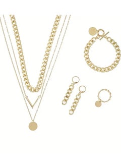 Goolsky 5pcs Earrings Necklace Bracelet Plus Ring Trendy Cuban Chain Design Multi Layer Necklace Match Daily Outfits Party Accessories For Cool female  - Image 3