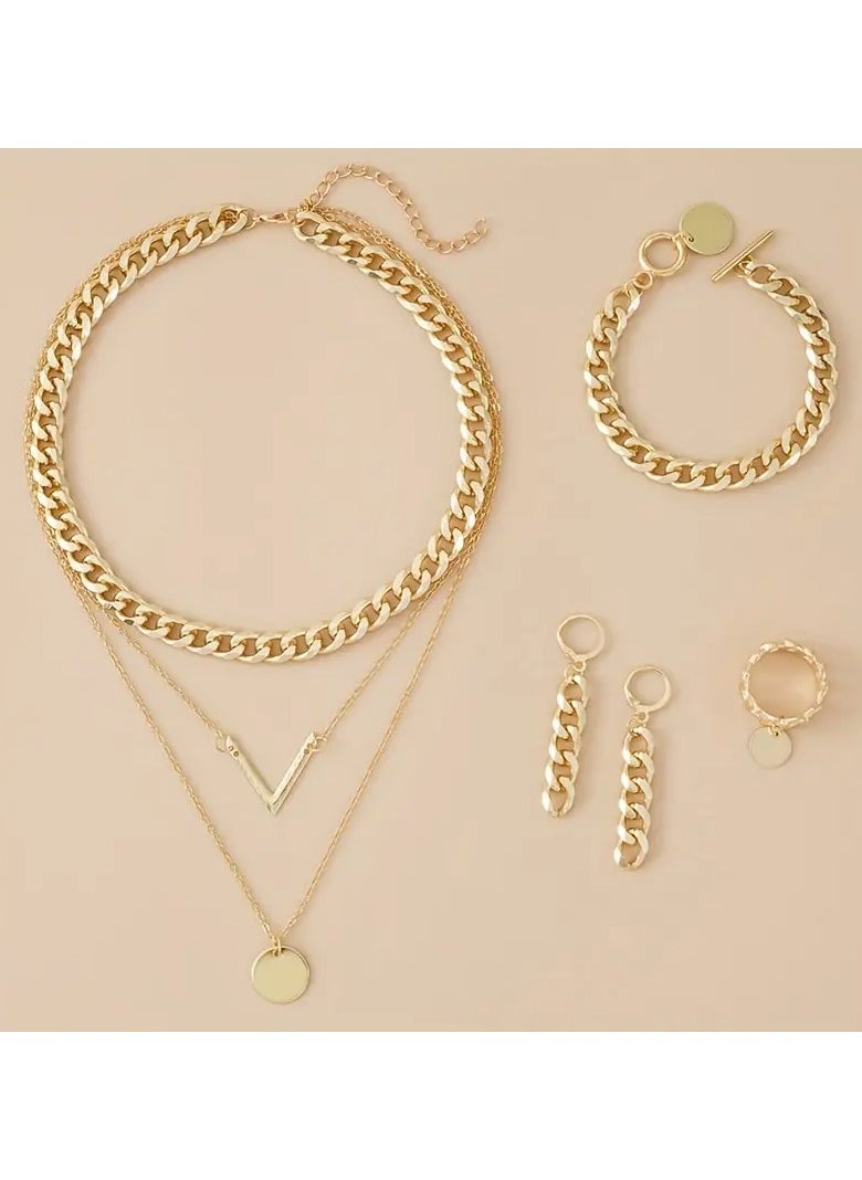 Goolsky - 5pcs Earrings Necklace Bracelet Plus Ring Trendy Cuban Chain Design Multi Layer Necklace Match Daily Outfits Party Accessories For Cool female - Image 1