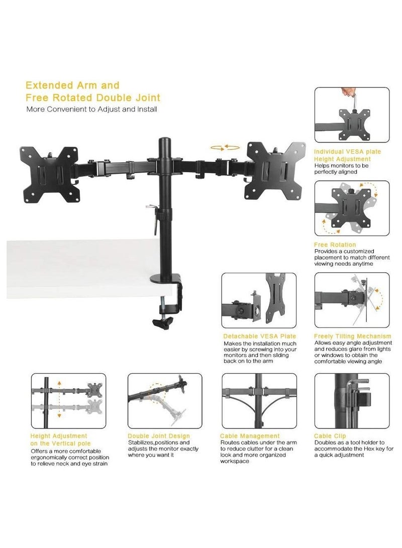 Dual LCD LED Monitor Desk Mount Stand with C-clamp | Double Monitor Desk Stand | Heavy Duty Fully Adjustable Arms Hold Two (2) Screens up to 27" - Image 3
