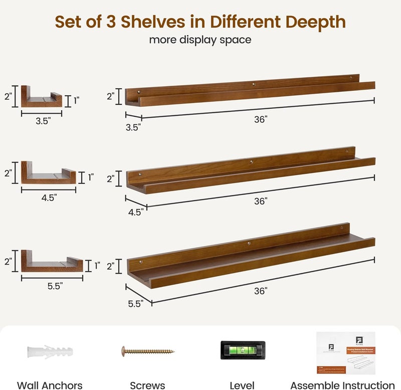 FLYJOE Picture Ledge Wall Shelves 36 inches Width Set of 3, Solid Pine Wood Rustic Floating Ledge Shelves for Wall for Kids' Room Bedroom Kitchen Bathroom Living Room Nursery Display Wall Decor, Walnut - Image 3