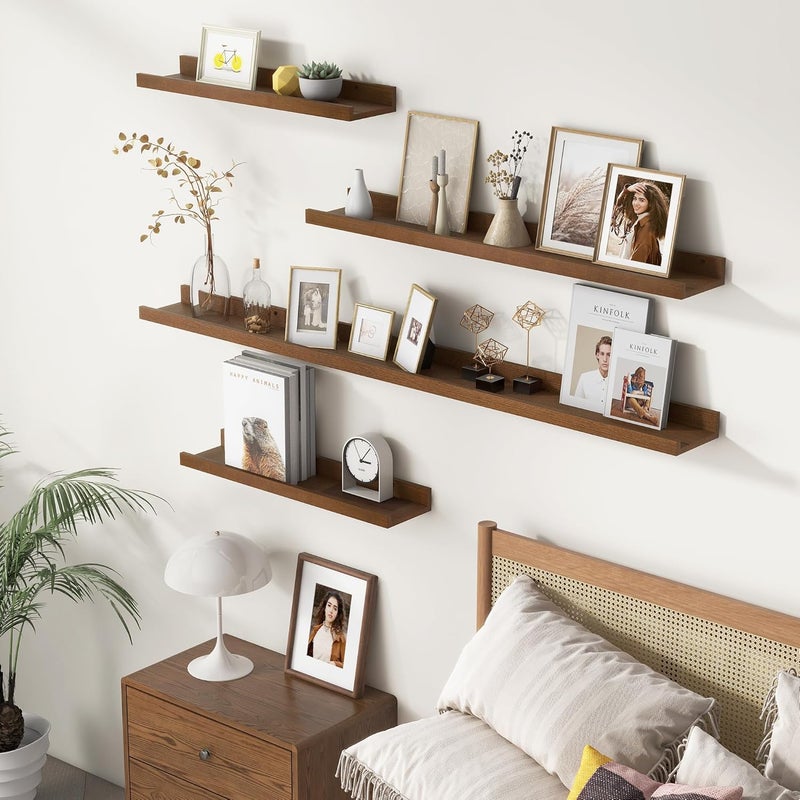 FLYJOE Picture Ledge Wall Shelves 36 inches Width Set of 3, Solid Pine Wood Rustic Floating Ledge Shelves for Wall for Kids' Room Bedroom Kitchen Bathroom Living Room Nursery Display Wall Decor, Walnut - Image 2
