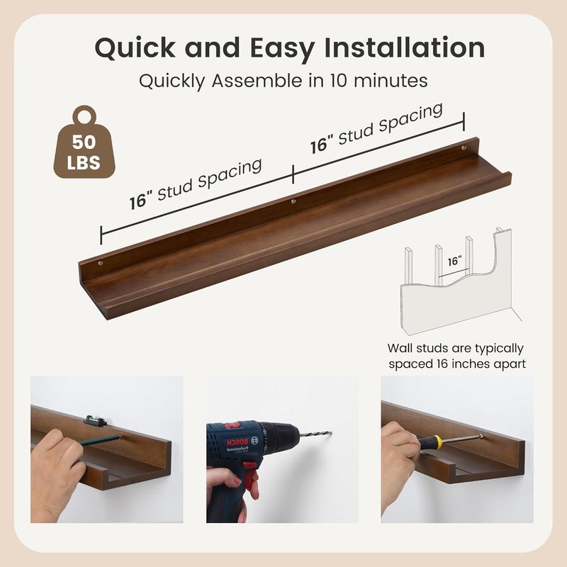 FLYJOE Picture Ledge Wall Shelves 36 inches Width Set of 3, Solid Pine Wood Rustic Floating Ledge Shelves for Wall for Kids' Room Bedroom Kitchen Bathroom Living Room Nursery Display Wall Decor, Walnut - Image 4