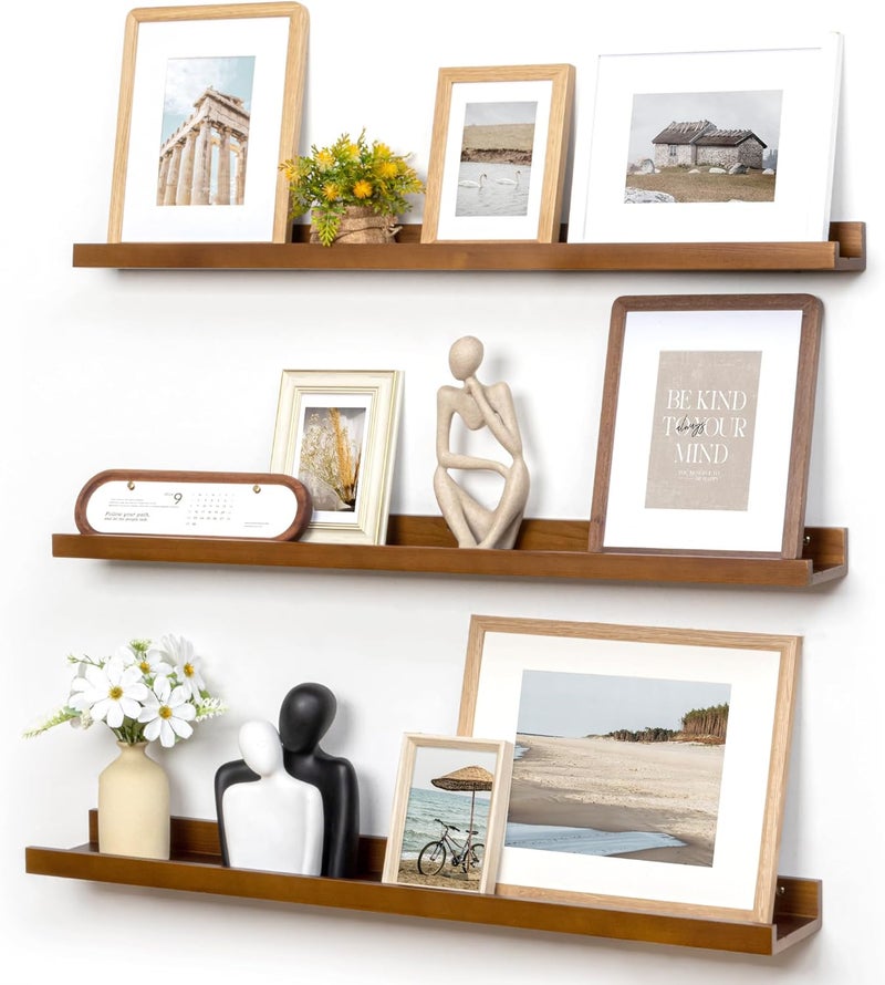 FLYJOE Picture Ledge Wall Shelves 36 inches Width Set of 3, Solid Pine Wood Rustic Floating Ledge Shelves for Wall for Kids' Room Bedroom Kitchen Bathroom Living Room Nursery Display Wall Decor, Walnut - Image 1