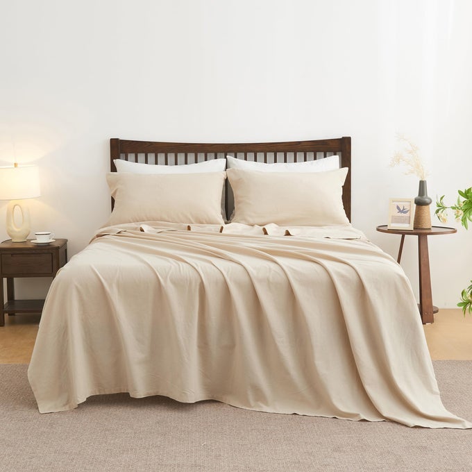 SIMPLEOPULENCE BELGIAN LINEN SHEET SET SOLID COLOR 4 PIECES 1 FLAT SHEET 1 FITTED SHEET 2 PILLOWCASES NATURAL FLAX COTTON BLEND SOFT BREATHABLE FARMHOUSE BEDDING QUEEN SIZE LINENBEIGE