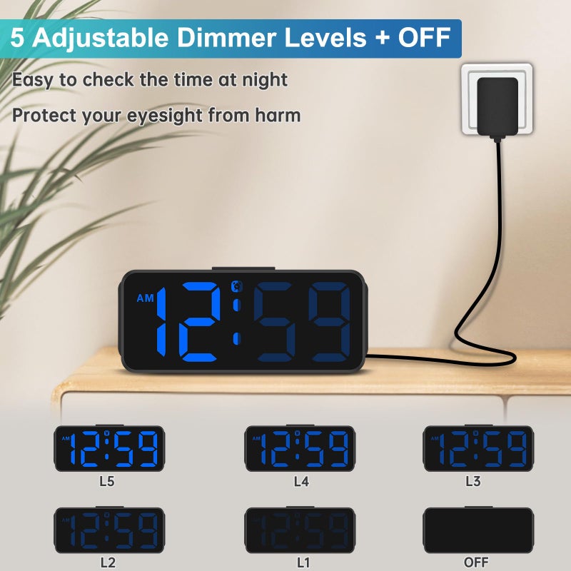 Peakeep Small Digital Alarm Clock Plug in for Bedrooms Bedside, Tiny Electric Clock Large Big Numbers Display with Battery Backup for Desk Table, 6 Dimmers, 5 Adjustable Alarm Volumes (Blue) - Image 4