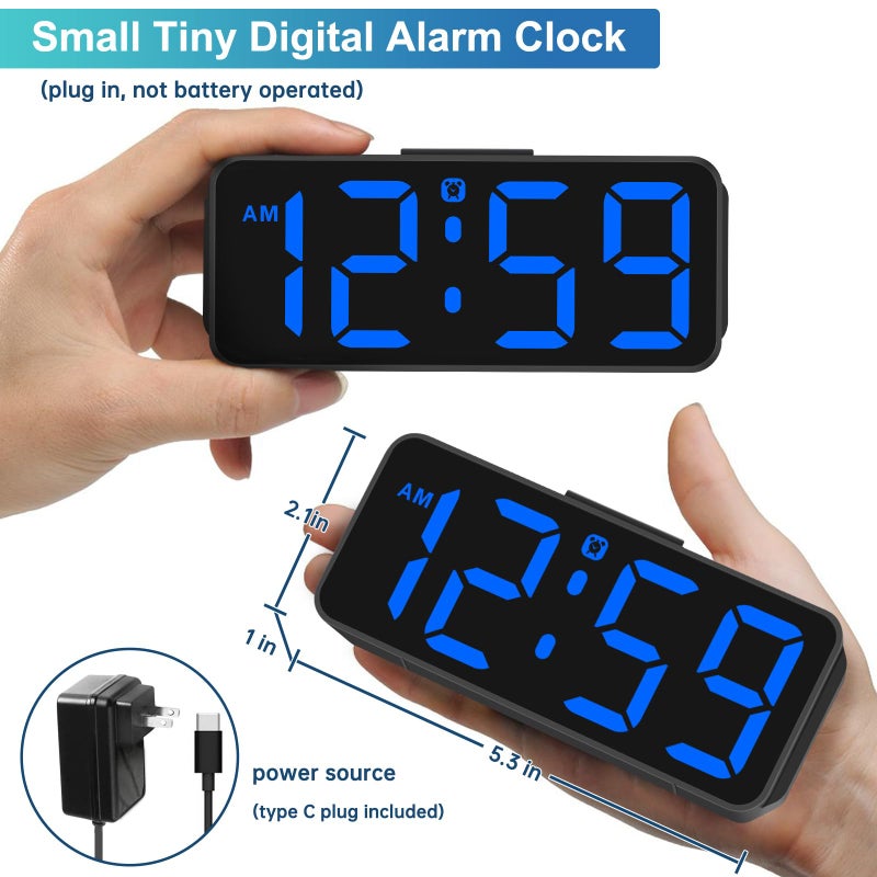 Peakeep Small Digital Alarm Clock Plug in for Bedrooms Bedside, Tiny Electric Clock Large Big Numbers Display with Battery Backup for Desk Table, 6 Dimmers, 5 Adjustable Alarm Volumes (Blue) - Image 2