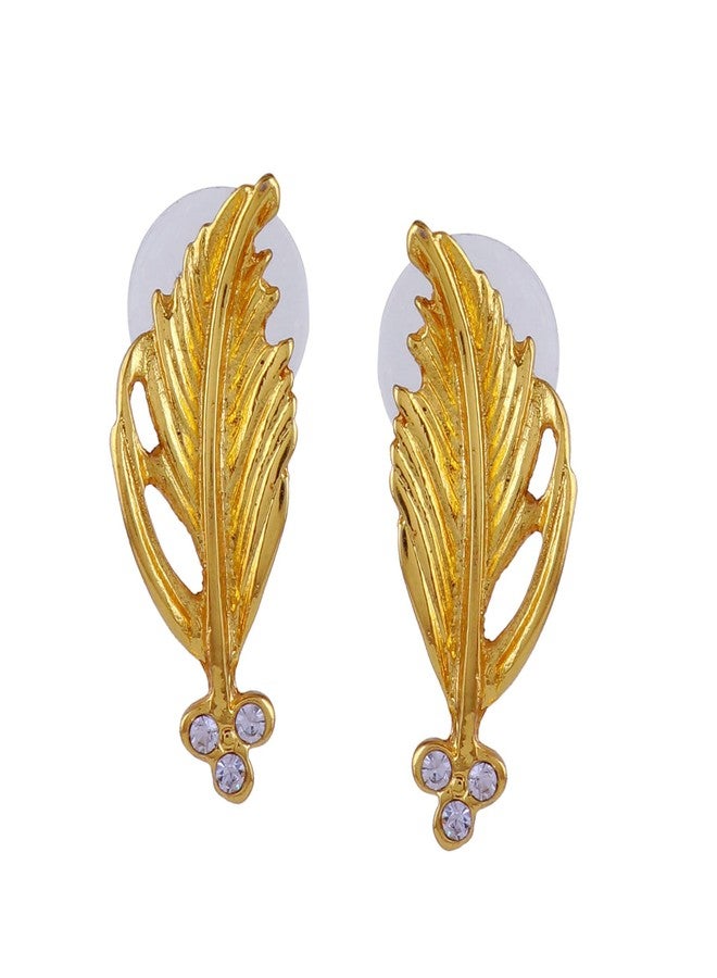 استيل أقراط إستيل مطلية بالذهب عيار 24 قيراط بتصميم ريشة للنساء مرصعة بكريستالات نمساوية - Image 2