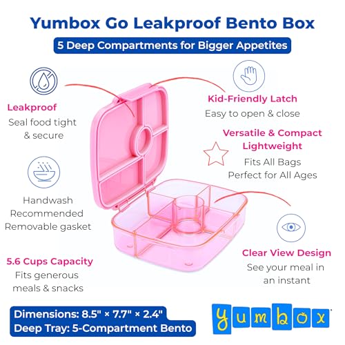 Yumbox Go Bento Lunch Box for Kids and adults, Leakproof Lids, Deep Tray, 5 Compartments, Removable Gasket, Compact, Lightweight, Food Safe (Sydney Pink) - Image 2