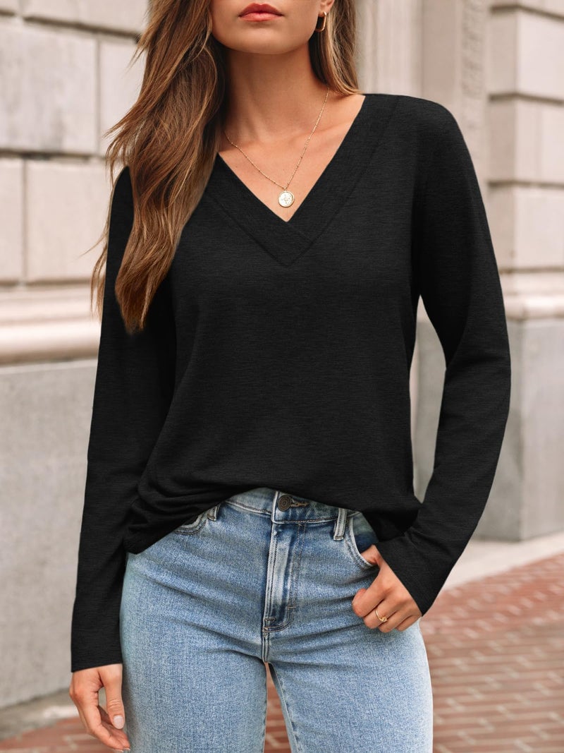 AUTOMET Spring Outfits 2026 Womens Tops Winter Clothing T Shirts V Neck Casual Top Comfortable Shirt Soft Basic Tees Women Blouses Black XL - Image 2