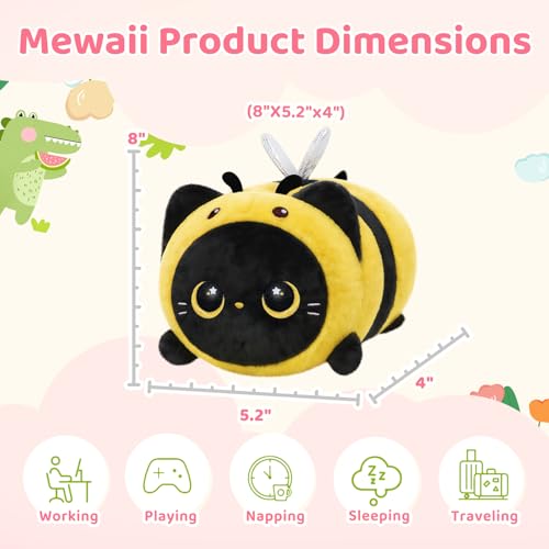 Mewaii Cute Black Cat Bee Plush Pillow, Kawaii Plushies Bee Stuffed Toy, Kitten Plushies with Honeybee Outfit Costume, Soft Squishy Bee Gift for Girls & Kids (8 Inch) - Image 4