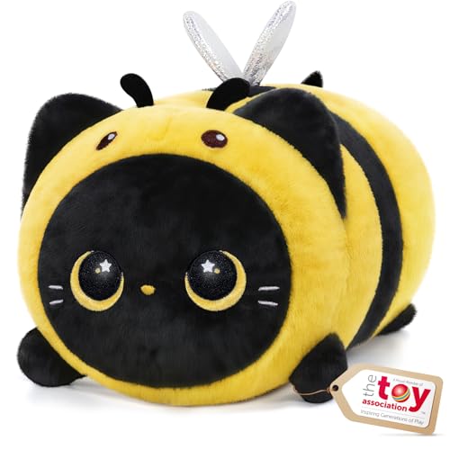 Mewaii Cute Black Cat Bee Plush Pillow, Kawaii Plushies Bee Stuffed Toy, Kitten Plushies with Honeybee Outfit Costume, Soft Squishy Bee Gift for Girls & Kids (8 Inch) - Image 1