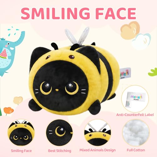 Mewaii Cute Black Cat Bee Plush Pillow, Kawaii Plushies Bee Stuffed Toy, Kitten Plushies with Honeybee Outfit Costume, Soft Squishy Bee Gift for Girls & Kids (8 Inch) - Image 3