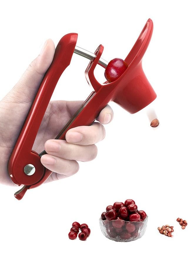 Generic - Professional Cherry Pit Remover Tool, Multifunctional Stainless Steel Pitting Tool with Lock Design, Seed Remover Tool for Date Cherry Olive (Red) - Image 1