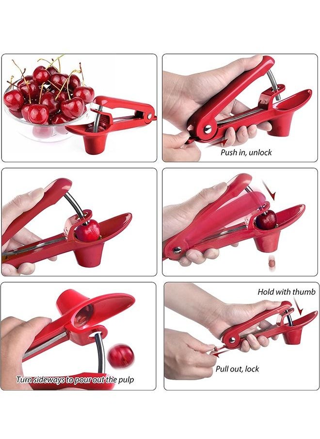 Generic - Professional Cherry Pit Remover Tool, Multifunctional Stainless Steel Pitting Tool with Lock Design, Seed Remover Tool for Date Cherry Olive (Red) - Image 1