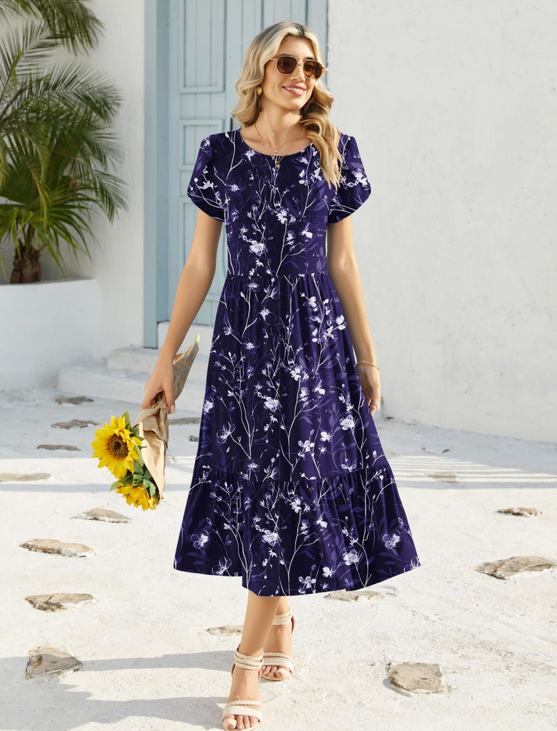 HOTOUCH Sundresses for Women Over 50 Midi Dresses for Women Short Sleeve Dress Holiday Party Dresses Navy Blue Flowers - Image 4