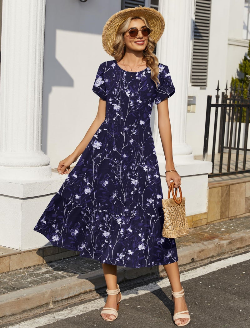 HOTOUCH Sundresses for Women Over 50 Midi Dresses for Women Short Sleeve Dress Holiday Party Dresses Navy Blue Flowers - Image 2