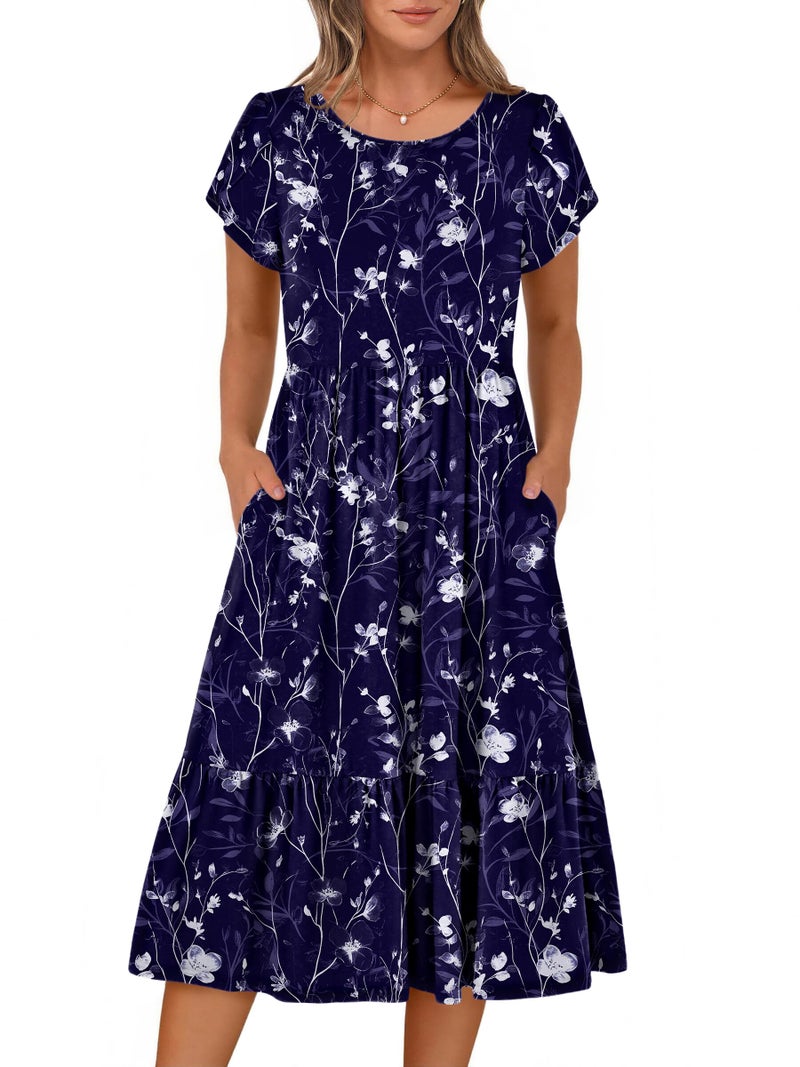 HOTOUCH Sundresses for Women Over 50 Midi Dresses for Women Short Sleeve Dress Holiday Party Dresses Navy Blue Flowers - Image 1