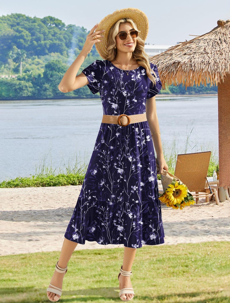 HOTOUCH Sundresses for Women Over 50 Midi Dresses for Women Short Sleeve Dress Holiday Party Dresses Navy Blue Flowers - Image 5