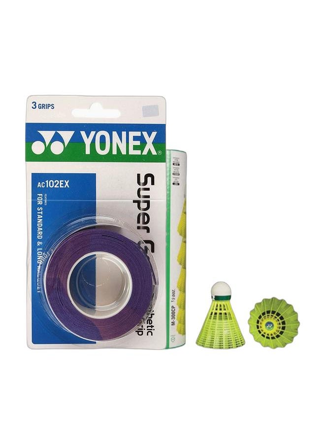 Yonex AC102EX Super Grap, Dark Purple 30grams + Mavis 300 Green Cap Slow Badminton Shuttlecock 6 Pack, Yellow Pack  - Image 1