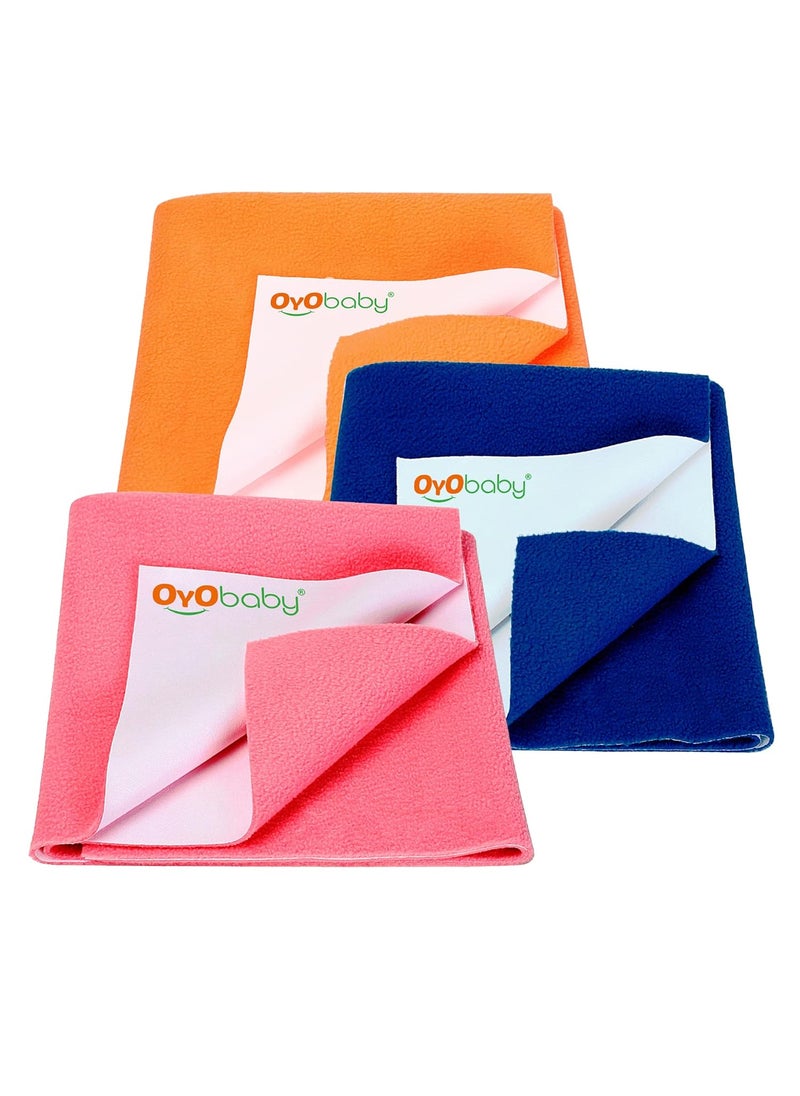 OYO BABY - OYO BABY Cotton Anti-Piling Fleece Extra Absorbent Instant Dry Sheet for Baby, Baby Bed Protector, Waterproof Baby Sheet, Large Size (100x140cm-Pack of 3 Salmon Rose, Royal Blue & Peach - Image 1