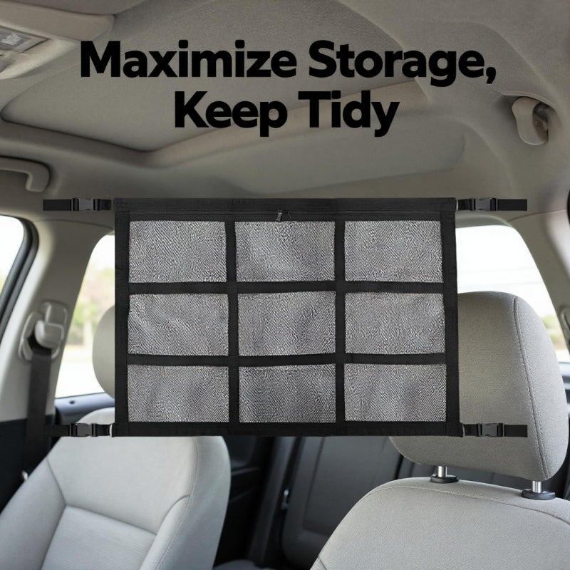 Car Roof Storage Net With Zipper 9 Compartments Adjustable Straps 35 4 X 25 6 Inches - Image 4