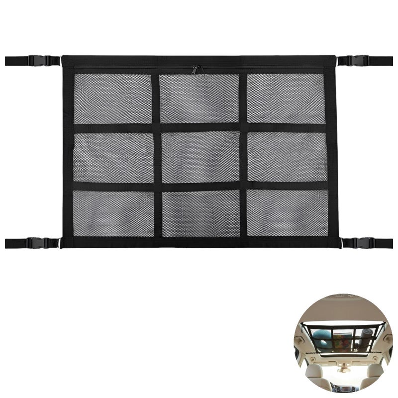 Car Roof Storage Net With Zipper 9 Compartments Adjustable Straps 35 4 X 25 6 Inches - Image 3