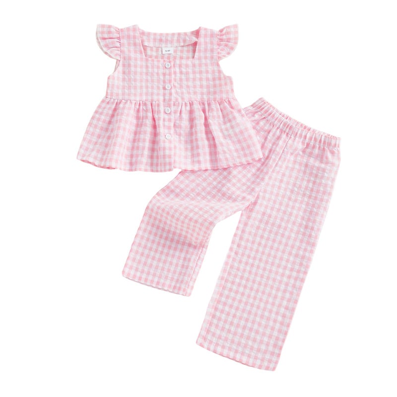 GOOCHEER Toddler Girl Clothes Baby Summer Outfits Plaid Ruffle Sleeveless Vest Tank Tops Pants Set 12 18 24 Month 2T 3T 4T (#Flying-Pink, 3-4T) - Image 1