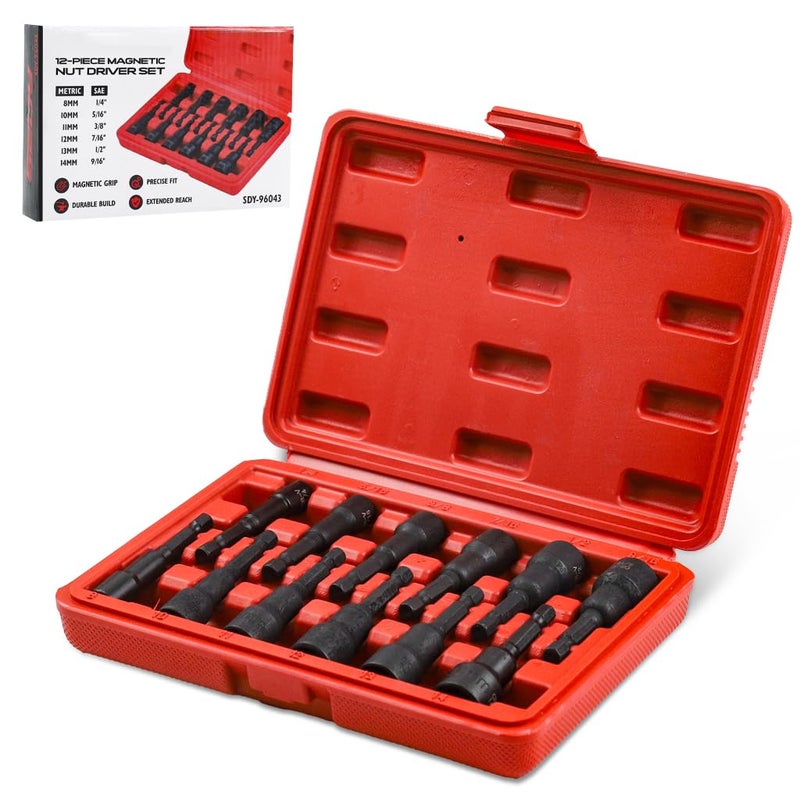 Serplex Serplex 12Pcs Magnetic Nut Driver Set Premium Impact Power Hex Nut Driver Drill Bit Master Kit Heavy Duty CRV Hex Nut Driver Drill Bit Set with Carry Case SAE 14 to 916 and Metric 614mm  - Image 1