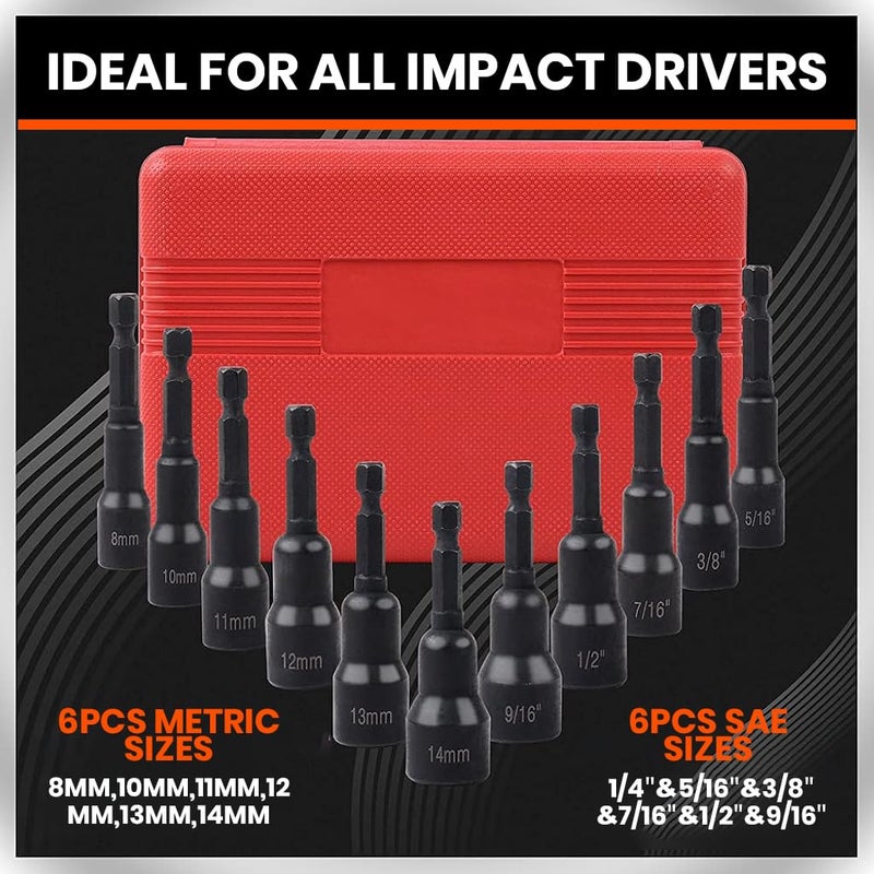 Serplex Serplex 12Pcs Magnetic Nut Driver Set Premium Impact Power Hex Nut Driver Drill Bit Master Kit Heavy Duty CRV Hex Nut Driver Drill Bit Set with Carry Case SAE 14 to 916 and Metric 614mm  - Image 5