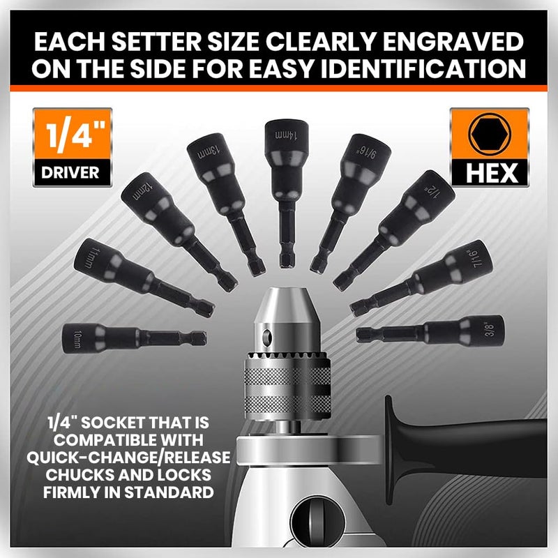Serplex Serplex 12Pcs Magnetic Nut Driver Set Premium Impact Power Hex Nut Driver Drill Bit Master Kit Heavy Duty CRV Hex Nut Driver Drill Bit Set with Carry Case SAE 14 to 916 and Metric 614mm  - Image 3