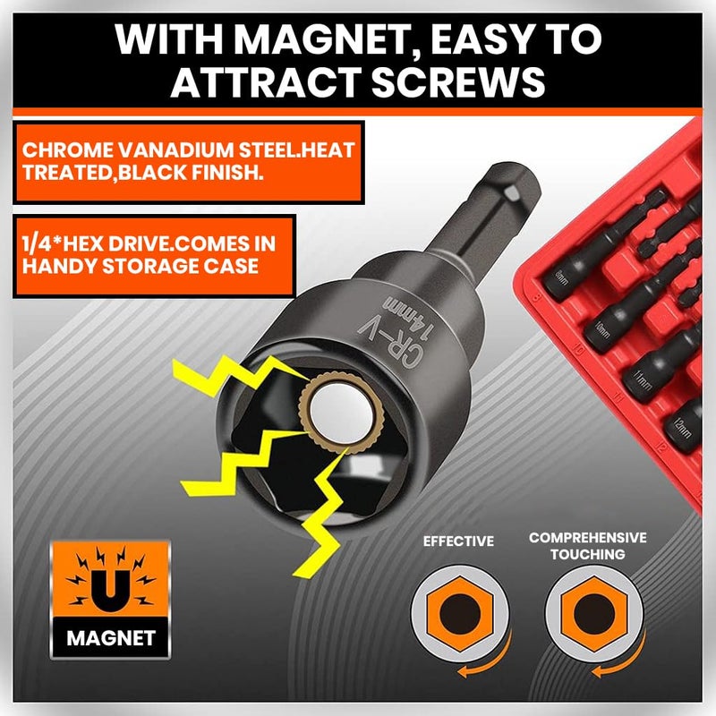 Serplex Serplex 12Pcs Magnetic Nut Driver Set Premium Impact Power Hex Nut Driver Drill Bit Master Kit Heavy Duty CRV Hex Nut Driver Drill Bit Set with Carry Case SAE 14 to 916 and Metric 614mm  - Image 4