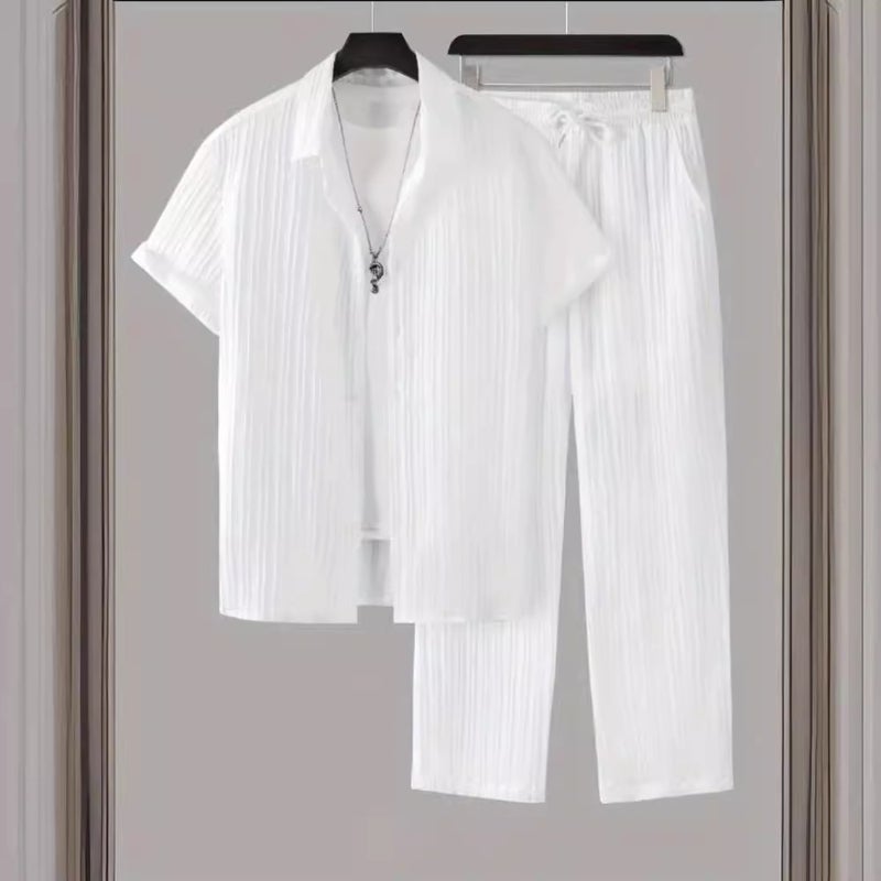 2024 Mens Striped Short Sleeve Shirt Casual Suit Black - Image 3