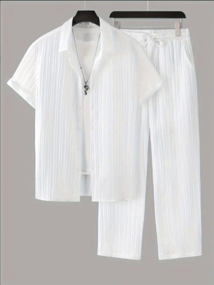 2024 Mens Striped Short Sleeve Shirt Casual Suit Black - Image 2