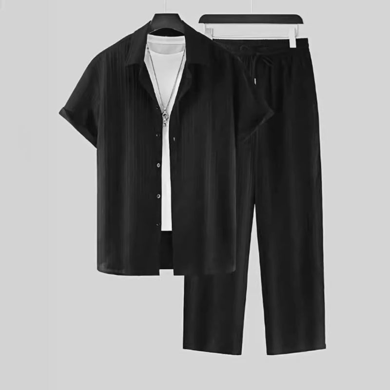 2024 Mens Striped Short Sleeve Shirt Casual Suit Black - Image 5