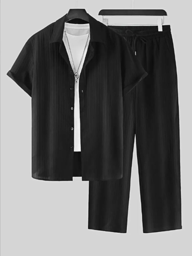 2024 Mens Striped Short Sleeve Shirt Casual Suit Black - Image 1