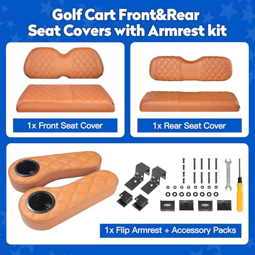 NOKINS Golf Cart Seat Covers for Club Car Precedent, Vinyl Front&Rear Seat Cover with Flip-Up Armrests kit, with Cup Holder, for 1" Square Tube (All Brown) - Image 5